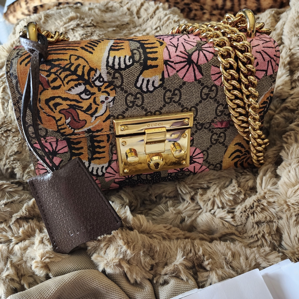 Gucci GG Supreme Monogram Pink & Brown Tiger/Bengal Print Shoulder Bag